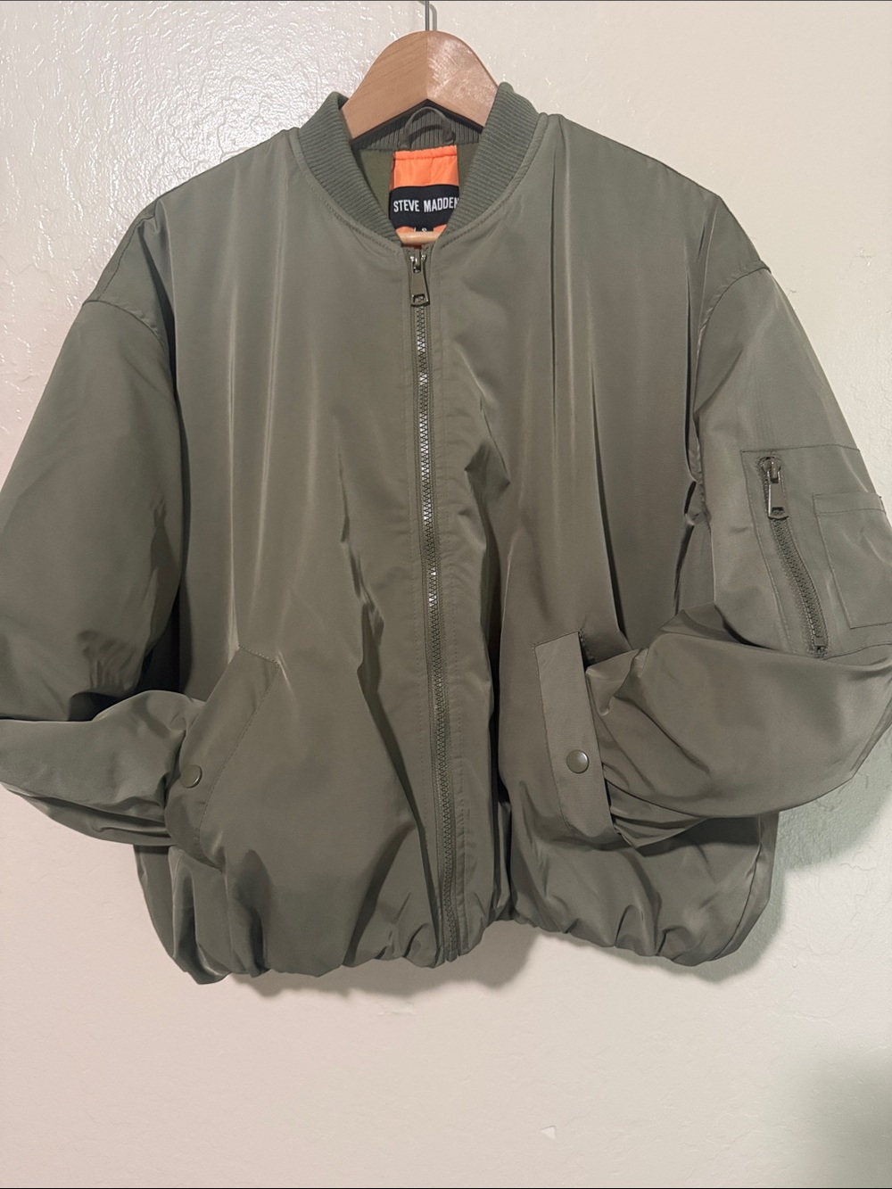 Steve Madden Vida Bubble Flight Bomber Jacket w/ Orange Lining Olive Size S